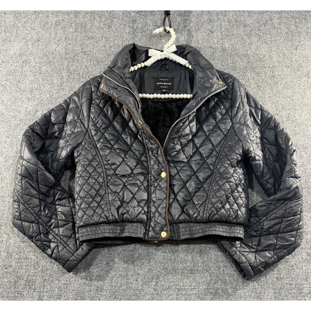 Haute Monde Faux Satin Quilted Bomber Jacket Plush Lining Black Women Small